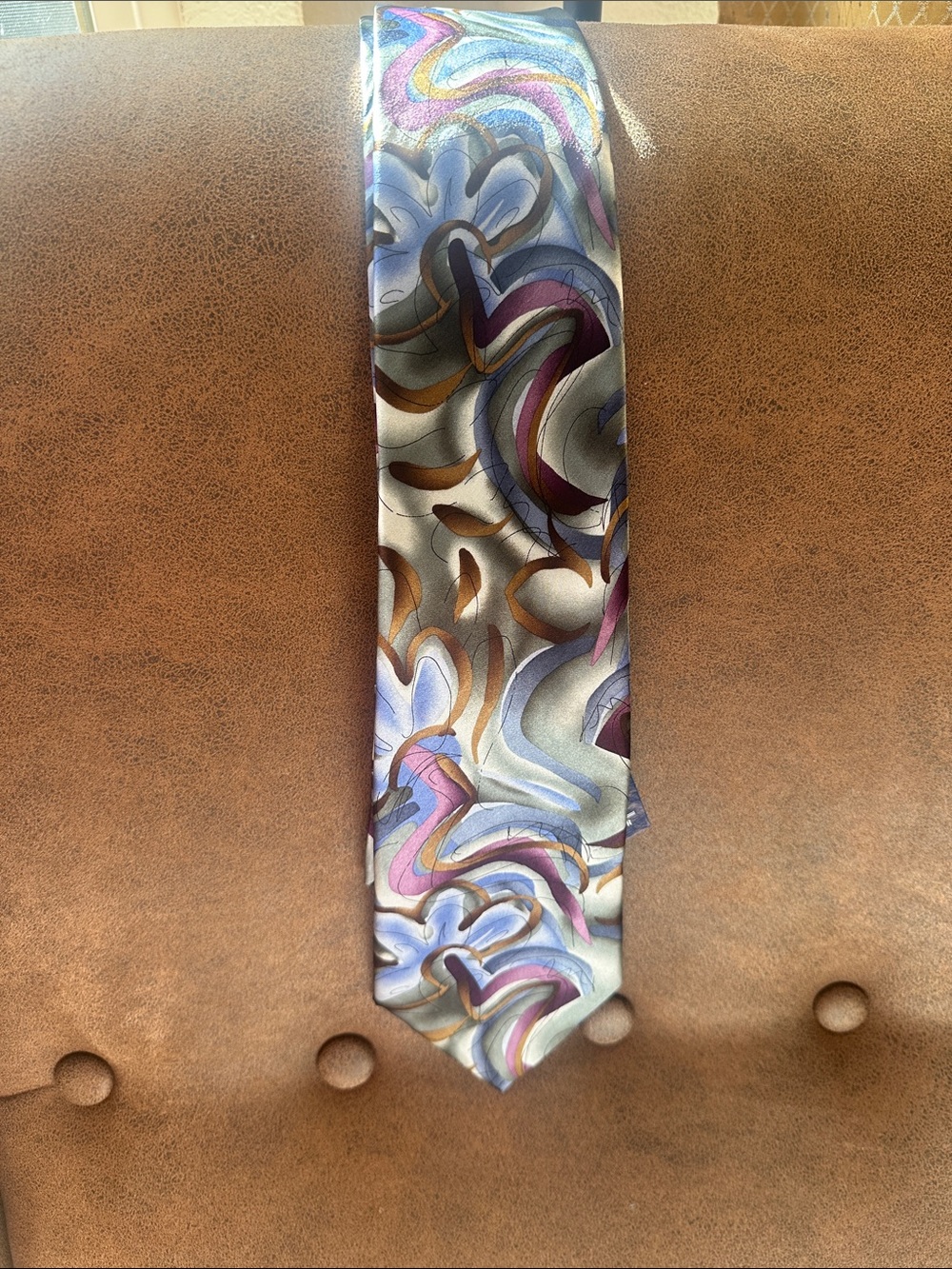 J. Garcia Silver Tie with Purple, Blue and Brown Swirls